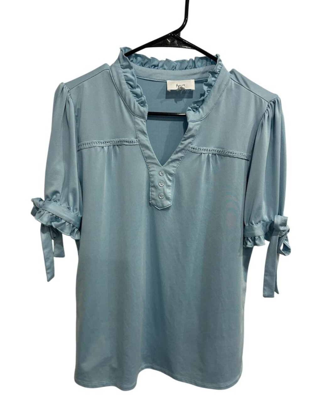 Fyve Large Blue Ruffle Trim Tie-Sleeve Blouse Short Sleeve Romanticcore Coquette
